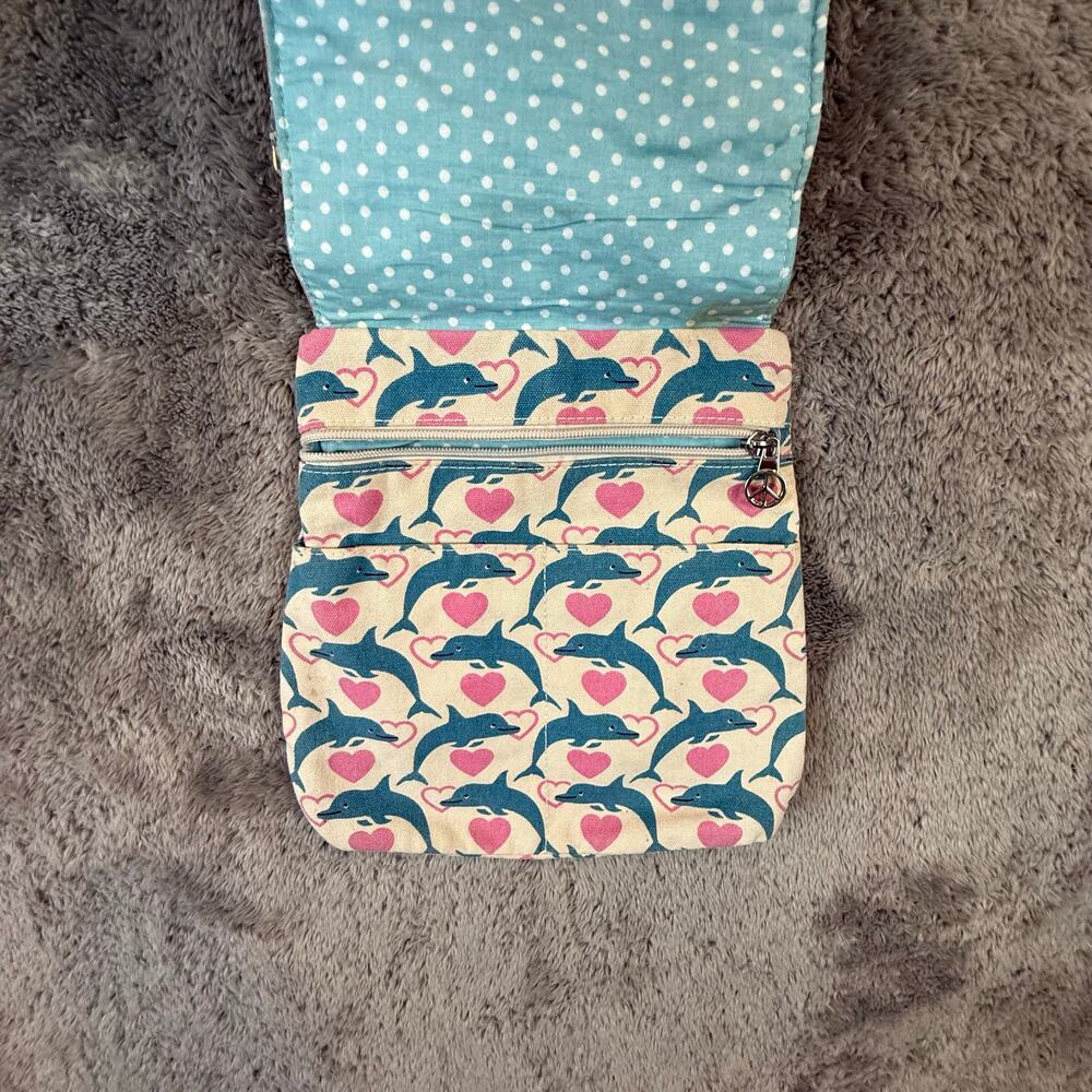 Bungalow 360 Crossbody Purse Shoulder Bag Satchel Blue Dolphin Pink Heart Canvas - Picture 5 of 12